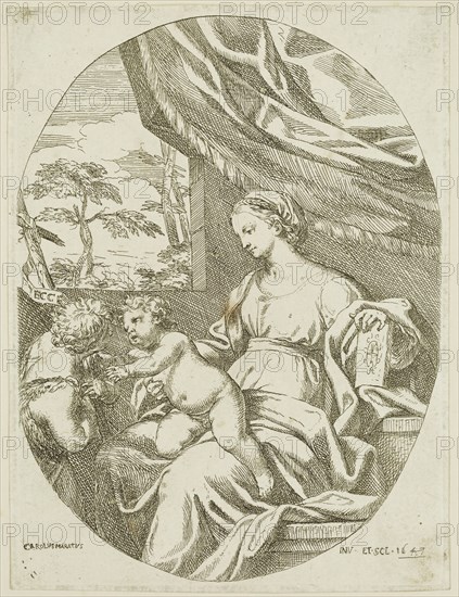 Carlo Maratta, Italian, 1625-1713, Virgin, Child and Saint John, 1647, etching printed in black ink on laid paper, Plate: 6 7/8 × 5 1/8 inches (17.5 × 13 cm)