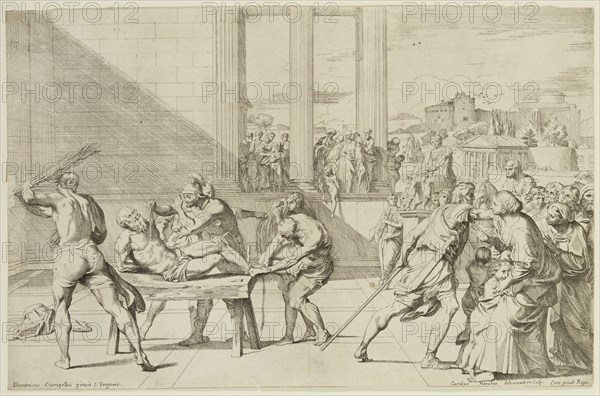 Carlo Maratta, Italian, 1625-1713, after Domenichino Ciampelli, Italian, Flagellation of Saint Andrew, between 17th and 18th century, etching printed in black ink on laid paper, Sheet (trimmed within plate mark): 11 1/8 × 17 1/8 inches (28.3 × 43.5 cm)