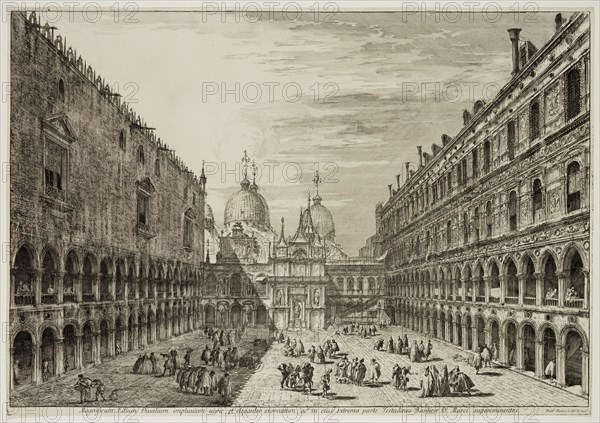 Michele Giovanni Marieschi, Italian, 1696-1743, Court Yard of the Ducal Palace, Venice, 18th century, etching printed in black ink on laid paper, Plate and sheet: 12 3/8 × 17 3/4 inches (31.4 × 45.1 cm)