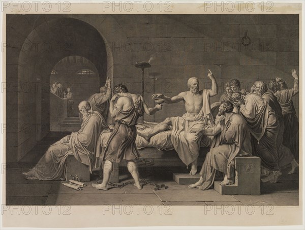 Jean Baptiste Massard, French, 1740-1822, after Jacques Louis David, French, 1748-1825, Mort de Socrate, between mid-18th and early 19th century, Engraving printed in black ink on wove paper, Sheet (trimmed within plate mark): 20 3/4 × 27 5/8 inches (52.7 × 70.2 cm)