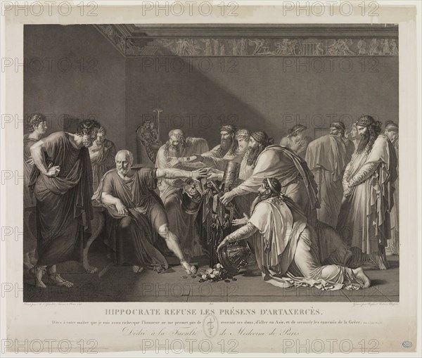 Jean Baptiste Raphael Ur Massard, French, 1775-1843, after Anne Louis Girodet de Rouchy Trioson, French, 1767-1824, Hippocrate refuse les presens d'Ataxerces, 1816, Engraving printed in black on wove paper, sheet trimmed within plate mark: