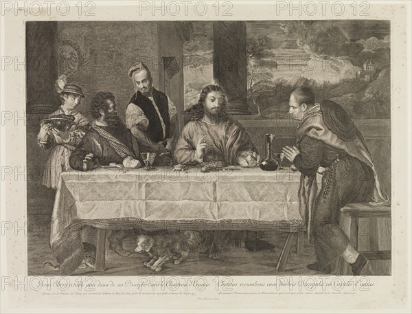 Antoine Masson, French, 1636-1700, after Titian, Italian, ca.1488-1576, The Supper at Emmaus, 17th Century, Etching and engraving printed in black on laid paper, plate: 18 x 23 5/8 in.
