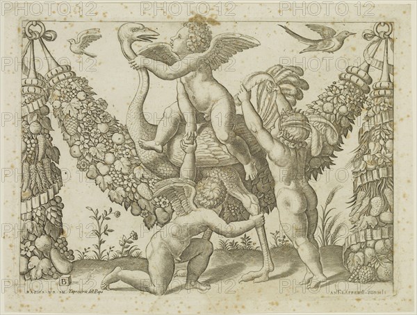 Master of the Die, Italian, after Raphael, Italian, 1483-1520, Three Putti Playing with an Ostrich, 1532 or 1533, engraving printed in black ink on laid paper, Plate: 8 1/4 × 11 3/8 inches (21 × 28.9 cm)