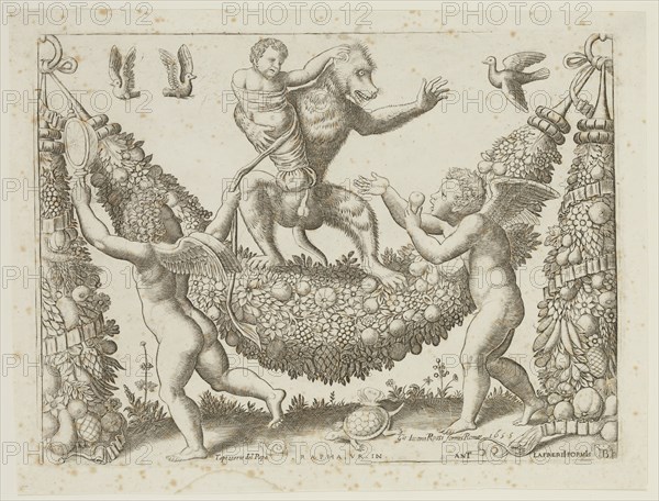 Master of the Die, Italian, after Raphael, Italian, 1483-1520, Two Putti Mocking a Monkey, 1532 or 1533, engraving printed in black ink on laid paper, Plate: 8 1/4 × 11 1/4 inches (21 × 28.6 cm)