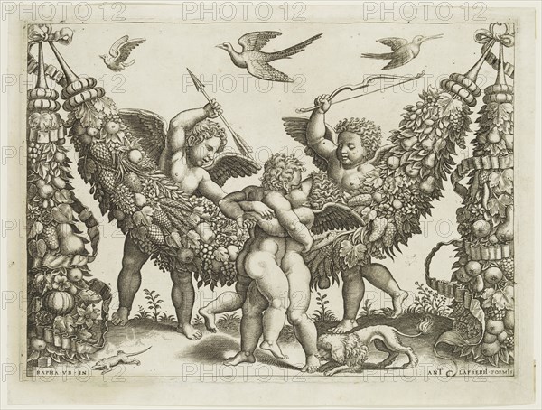 Master of the Die, Italian, after Raphael, Italian, 1483-1520, Two Putti Striking Another Who Is Squeezing a Child, 1532 or 1533, engraving printed in black ink on laid paper, Plate: 8 1/4 × 11 1/4 inches (21 × 28.6 cm)