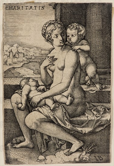 Master I. B., German, Charity, ca. 1530, engraving printed in black ink on laid paper, Sheet (trimmed within plate mark): 3 × 2 inches (7.6 × 5.1 cm)