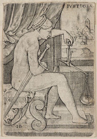 Master I. B., German, Justice, ca. 1530, engraving printed in black ink on laid paper, Sheet (trimmed within plate mark): 3 × 2 1/8 inches (7.6 × 5.4 cm)