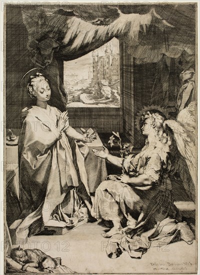 Federico Barocci, Italian, 1535-1612, Annunciation, between 1584 and 1588, etching, engraving, and drypoint printed in black ink on laid paper, Plate: 17 3/8 × 12 1/2 inches (44.1 × 31.8 cm)