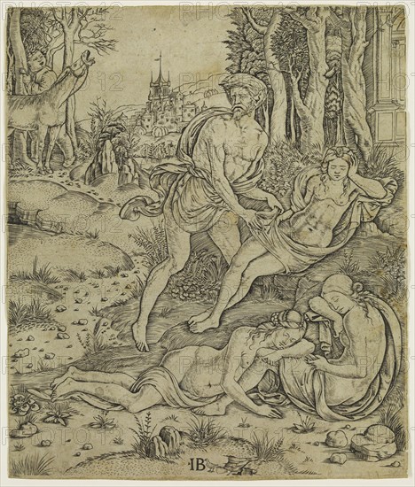 Master I. B. with the Bird, Italian, Priapus and Lotis, 16th century, engraving printed in black ink, Sheet (trimmed within plate mark): 9 × 7 5/8 inches (22.9 × 19.4 cm)