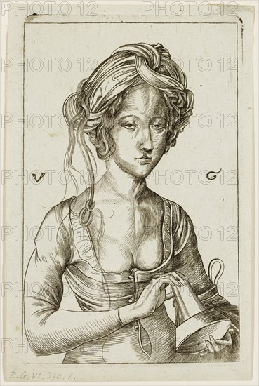 Urs Graf, Swiss, 1485-1528, after Martin Schongauer, German, 1450-1491, A Foolish Virgin, 16th century, etching printed in black ink on green laid paper, Plate: 6 1/4 × 3 7/8 inches (15.9 × 9.8 cm)