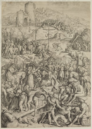Jacobus Matham, Dutch, 1571-1631, after Albrecht Dürer, German, 1471-1528, The Bearing of the Cross and the Crucifixion, ca. 1615, engraving printed in black ink on laid paper, Sheet (trimmed within plate mark): 21 5/8 × 15 1/4 inches (54.9 × 38.7 cm)