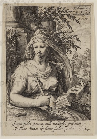 Jacobus Matham, Dutch, 1571-1631, after Hendrick Goltzius, Dutch, 1558-1617, Faith, 1597, engraving printed in black ink on laid paper, Plate: 6 × 4 inches (15.2 × 10.2 cm)