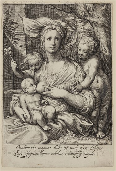 Jacobus Matham, Dutch, 1571-1631, after Hendrick Goltzius, Dutch, 1558-1617, Charity, 1597, engraving printed in black ink on laid paper, Sheet (trimmed within plate mark): 6 × 4 inches (15.2 × 10.2 cm)