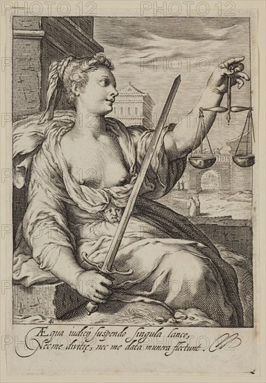 Jacobus Matham, Dutch, 1571-1631, after Hendrick Goltzius, Dutch, 1558-1617, Justice, 1597, engraving printed in black ink on laid paper, Plate: 6 × 4 inches (15.2 × 10.2 cm)