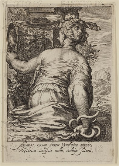 Jacobus Matham, Dutch, 1571-1631, after Hendrick Goltzius, Dutch, 1558-1617, Prudence, 1597, engraving printed in black ink on laid paper, Plate: 6 × 4 inches (15.2 × 10.2 cm)