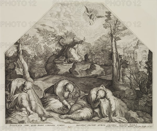 Jacobus Matham, Dutch, 1571-1631, after Taddeo Zuccaro, Italian, 1529-1566, The Agony in the Garden, ca. 1615, Engraving printed in black on laid paper, Plate (irreg): 12 × 14 1/4 inches (30.5 × 36.2 cm)
