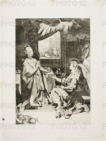 Federico Barocci, Italian, 1535-1612, Annunciation, between 1584 and 1588, etching, engraving and drypoint printed in black ink on wove paper, Plate: 17 1/4 × 12 3/8 inches (43.8 × 31.4 cm)