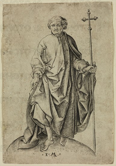 Israhel van Meckenem, German, 1450-1503, after Martin Schongauer, German, 1450-1491, Saint Philip, between 15th and early 16th century, engraving printed in black ink on laid paper, Sheet (trimmed within plate mark): 3 3/4 × 2 5/8 inches (9.5 × 6.7 cm)