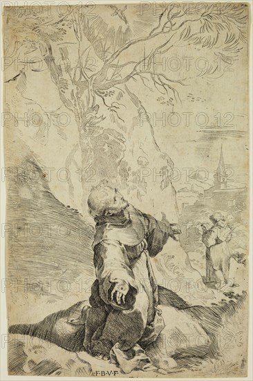 Federico Barocci, Italian, 1535-1612, The Stigmatization of Saint Francis, between 1535 and 1612, etching and engraving printed in black ink on laid paper, Sheet (trimmed within plate mark): 9 × 5 3/4 inches (22.9 × 14.6 cm)