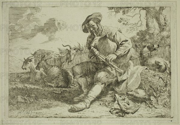 Jan Miele, Flemish, 1599-1663, The Shepherd with the Bagpipe, mid-16th century, etching printed in black ink on laid paper, Plate: 5 3/4 × 8 3/8 inches (14.6 × 21.3 cm)