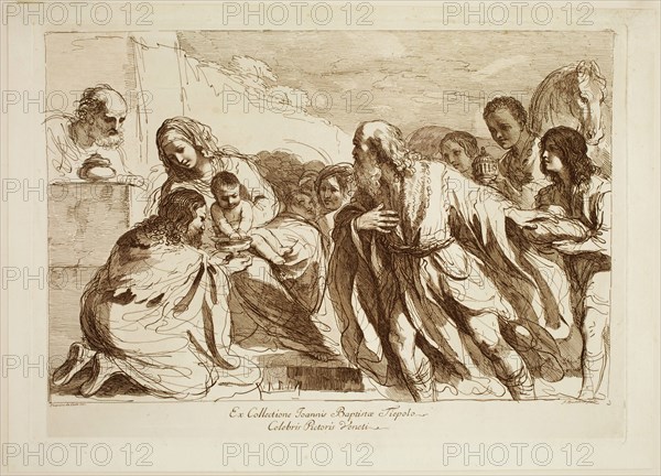Francesco Bartolozzi, Italian, 1727-1815, after Guercino (Giovanni Francesco Barbieri), Italian, 1591-1666, Wise Men Presenting Their Gifts to the Infant Saviour, between 1727 and 1815, etching printed in brown ink on laid paper, Plate: 12 1/2 × 17 5/8 inches (31.8 × 44.8 cm)