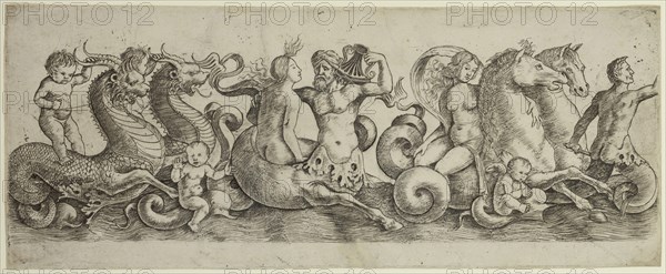 Girolamo Mocetto, Italian, 1458-1531, Frieze with Tritons and Nymphs, ca. 1493, engraving printed in black ink on laid paper, Plate: 5 × 12 5/8 inches (12.7 × 32.1 cm)
