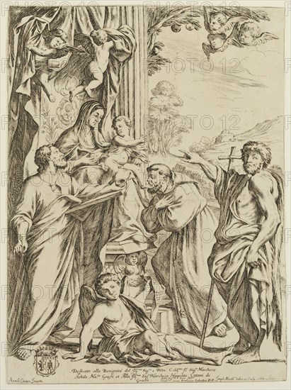 Giuseppe Maria Mitelli, Italian, 1634-1718, after Annibale Carracci, Italian, 1560-1609, Holy Virgin with the Infant Jesus, Saint Matthew, John the Baptist and Saint Francis, between 1663 and 1668, etching printed in black ink on laid paper, Sheet (trimmed within plate mark): 16 1/4 × 12 inches (41.3 × 30.5 cm)