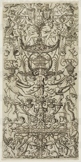 Nicoletto da Modena, Italian, Ornamental Panel with Bound Slaves and a Birdcage, between 1500 and 1512, engraving printed in black ink on laid paper, Plate: 10 3/8 × 5 1/8 inches (26.4 × 13 cm)