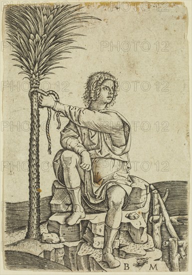 Benedetto Montagna, Italian, 1481-1558, Man Seated by a Palm Tree, between 1481 and 1558, engraving printed in black ink on laid paper, Sheet: 4 3/8 × 3 inches (11.1 × 7.6 cm)