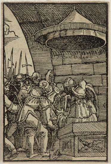 Albrecht Altdorfer, German, 1480-1538, Pilate Washing His Hands, 1513, woodcut printed in black ink on laid paper, Image: 2 3/4 × 1 7/8 inches (7 × 4.8 cm)