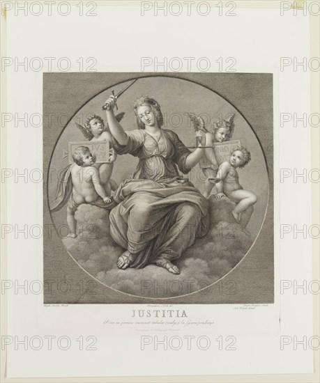 Raphael Morghen, Italian, 1758-1833, after Raphael, Italian, 1483-1520, Justice, between 1758 and 1833, Engraving printed in black ink on wove paper, Plate: 16 1/2 × 14 7/8 inches (41.9 × 37.8 cm)