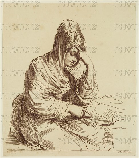 Francesco Bartolozzi, Italian, 1727-1815, after Guercino (Giovanni Francesco Barbieri), Italian, 1591-1666, The Reader, between 1727 and 1815, etching and engraving printed in brown ink on laid paper, Sheet (trimmed within plate mark): 10 × 8 3/4 inches (25.4 × 22.2 cm)