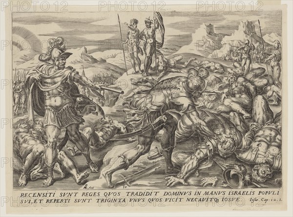 Herman Jansz. Muller, Netherlandish, 1540-1617, Joshua Conquers and Kills Thirty-one Kings, between 1540 and 1617, engraving printed in black ink on laid paper, Plate: 8 1/4 × 11 3/8 inches (21 × 28.9 cm)