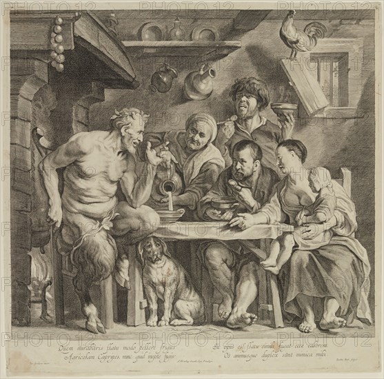 Jacob Neefs, Flemish, 1610-1660, after Jacob Jordaens, Flemish, 1593-1678, Abraham Blooteling, Dutch, 1640-1690, The Satyr and the Peasant, between 1610 and 1660, engraving printed in black ink on laid paper, Plate: 15 1/4 × 15 1/2 inches (38.7 × 39.4 cm)