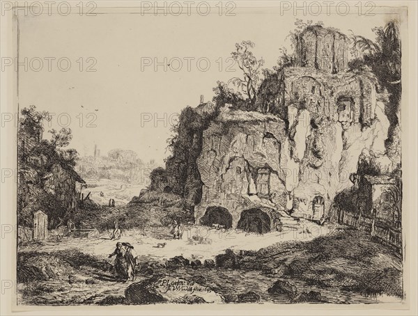 Unknown (Dutch), after Pieter Pietersz Lastman, Dutch, 1583-1633, after Jan van Noordt, Dutch, 1620-1676, Landscape with the Temple of the Sibyl at Tivoli, 1645, printed 19th century, etching printed in black ink on wove paper, Sheet: 6 5/8 × 8 5/8 inches (16.8 × 21.9 cm)