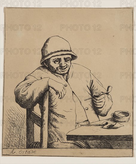 Unknown (Dutch), after Adriaen van Ostade, Dutch, 1610-1685, Laughing Smoker, between 1672 and 1885, printed 19th century, etching printed in black ink on wove paper, Sheet (trimmed within plate mark): 4 1/8 × 3 1/2 inches (10.5 × 8.9 cm)