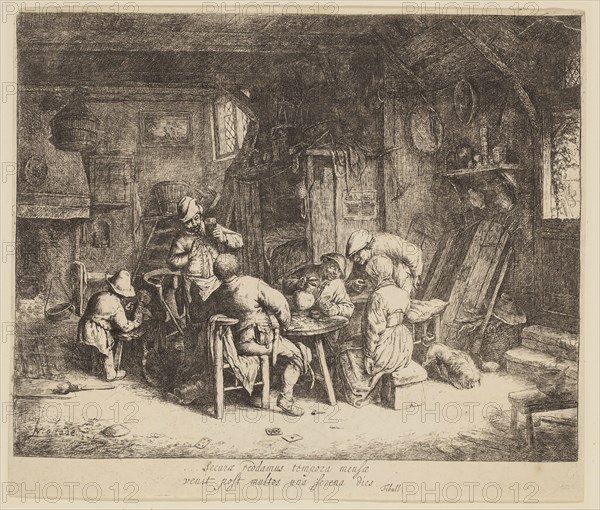 Adriaen van Ostade, Dutch, 1610-1685, Le goute, ca. 1664, etching and engraving printed in black ink on laid paper, Sheet (trimmed within plate mark): 8 5/8 × 10 1/4 inches (21.9 × 26 cm)