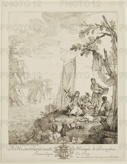 Jean Baptiste Oudry, French, 1686-1755, Les pecheurs, 18th Century, Etching and engraving printed in black on laid paper, plate: 15 1/4 x 11 5/8 in.