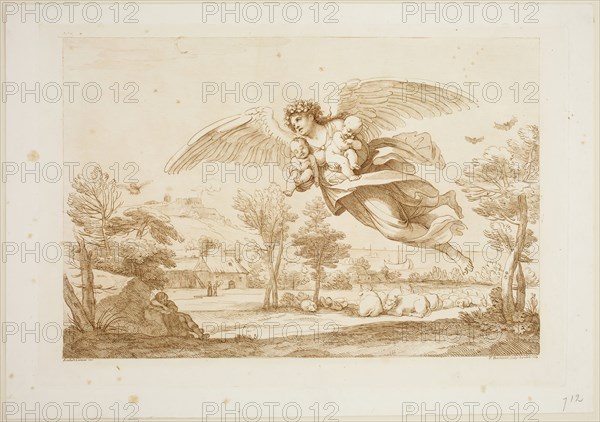 Francesco Bartolozzi, Italian, 1727-1815, after Annibale Carracci, Italian, 1560-1609, Emblem of Night, 1764, engraving printed in brown ink on wove paper, Plate: 12 1/4 × 17 7/8 inches (31.1 × 45.4 cm)
