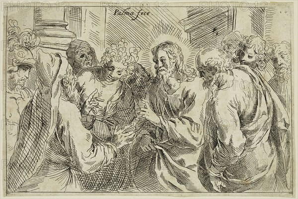 Jacopo Palma, Italian, 1544-1628, Christ and the Woman Taken in Adultery, between 16th and 17th century, etching printed in black ink on laid paper, Sheet (trimmed within plate mark): 4 3/8 × 6 5/8 inches (11.1 × 16.8 cm)