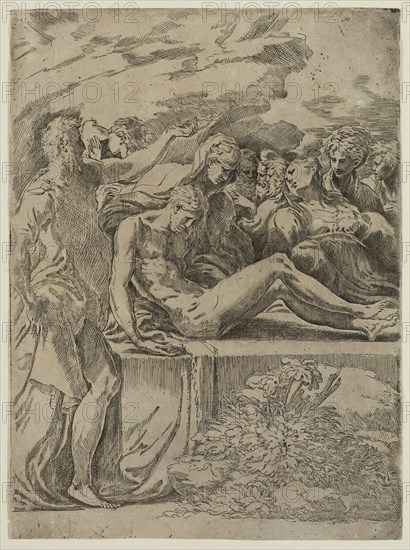 Parmigianino, Italian, 1503-1540, The Entombment, 16th century, etching printed in black ink on laid paper, Sheet (trimmed within plate mark): 12 7/8 × 9 1/2 inches (32.7 × 24.1 cm)