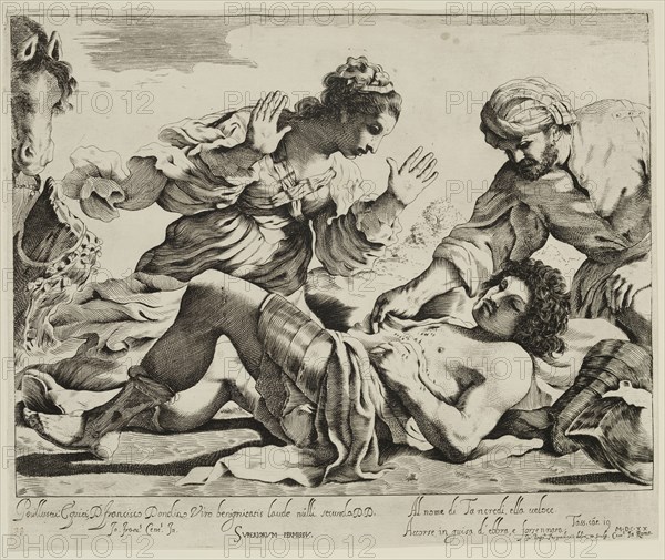 Giovanni Battista Pasqualini, Italian, Death of Tancred, 1620, engraving printed in black ink on laid paper, Image: 9 1/4 × 12 3/8 inches (23.5 × 31.4 cm)