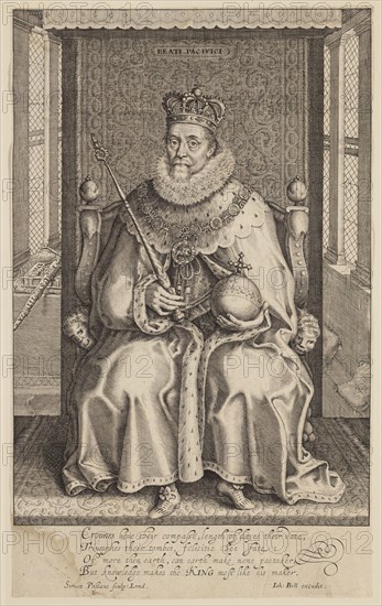 Simon van de Passe, Dutch, 1595-1647, James I, King of England, ca. 1619, engraving printed in black ink on laid paper, Sheet (trimmed within plate mark): 11 1/8 × 6 3/4 inches (28.3 × 17.1 cm)