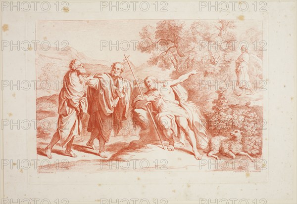 Francesco Bartolozzi, Italian, 1727-1815, after Domenichino, Italian, 1581-1641, John the Baptist Sending His Disciples to the Saviour, 1765, engraving printed in red ink on laid paper, Plate: 11 5/8 × 16 1/4 inches (29.5 × 41.3 cm)