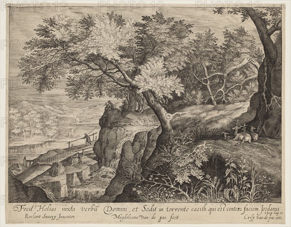 Magdalene de Passe, Dutch, 1600-1640, after Roelandt Savery, Dutch, 1578-1639, Landscape with Mountains and a River, between 1600 and 1640, engraving printed in black ink on laid paper, Sheet (trimmed to plate mark): 8 1/8 × 10 3/8 inches (20.6 × 26.4 cm)