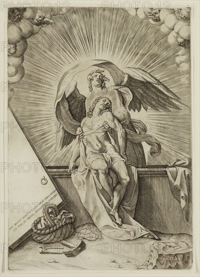 Gaspare Oselli, Italian, 1536-1580, Angel with the Body of Christ on the Grave, between 1536 and 1580, engraving printed in black ink on laid paper, Plate: 14 × 9 3/4 inches (35.6 × 24.8 cm)
