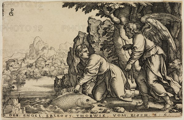 Georg Pencz, German, 1500-1550, The Angel Delivers Tobias from the Fish, between 1500 and 1550, engraving printed in black ink on laid paper, Sheet (trimmed within plate mark): 2 3/4 × 4 1/4 inches (7 × 10.8 cm)