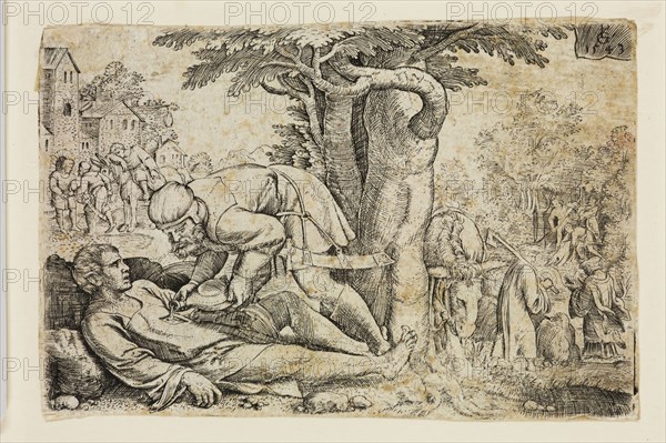 Georg Pencz, German, 1500-1550, The Good Samaritan, 1543, engraving printed in black ink on laid paper, Sheet (trimmed within plate mark): 2 7/8 × 4 1/2 inches (7.3 × 11.4 cm)