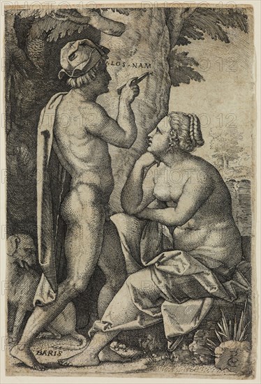 Georg Pencz, German, 1500-1550, Paris and Oenone, between 1500 and 1550, engraving printed in black ink on laid paper, Sheet (trimmed within plate mark): 4 1/2 × 3 1/8 inches (11.4 × 7.9 cm)