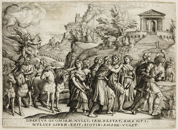 Georg Pencz, German, 1500-1550, The Triumph of Love, between 1500 and 1550, engraving printed in black ink on laid paper, Plate: 5 7/8 × 8 1/8 inches (14.9 × 20.6 cm)